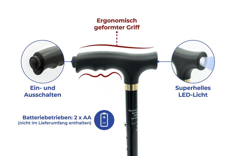 Produktbild: Gehstock faltbar mit LED, 30 x 14 x 3,5 cm