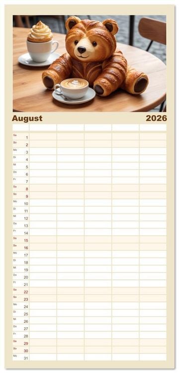 Produktbild: Familienplaner 2026 - Tierische Croissants mit 5 Spalten (Wandkalender, 21 x 45 cm) CALVENDO