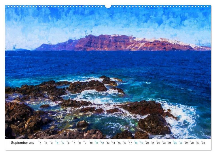 Produktbild: Urlaub auf Santorin - Gemalte Ansichten der Kykladeninsel (hochwertiger Premium Wandkalender 2027 DIN A2 quer), Kunstdruck in Hochglanz