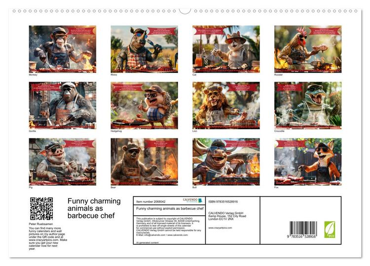 Produktbild: Funny charming animals as barbecue chef (High Quality Premium Wall Calendar 2026 DIN A2 landscape),CALVENDO 12 Month Wall Calendar