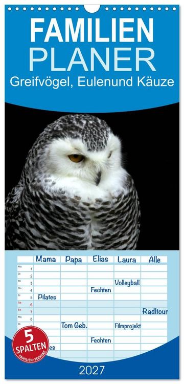Produktbild: Familienplaner 2027 - Greifv&ouml;gel, Eulen und K&auml;uze mit 5 Spalten (Wandkalender, 21 x 45 cm) CALVENDO