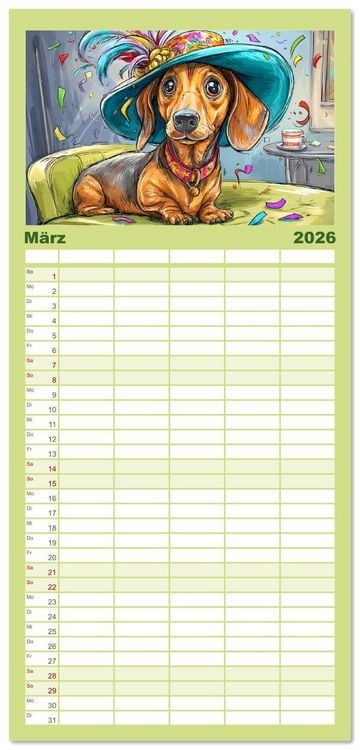 Produktbild: Familienplaner 2026 - Dackel Fun. Zauberhafte Hunde Cartoons f&uuml;rs Herz mit 5 Spalten (Wandkalender, 21 x 45 cm) CALVENDO