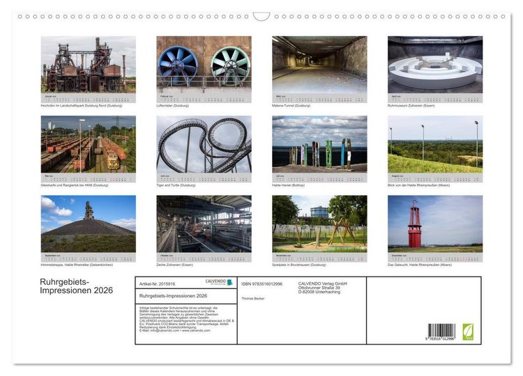 Produktbild: Ruhrgebiets-Impressionen 2026 (Wandkalender 2026 DIN A2 quer), CALVENDO Monatskalender