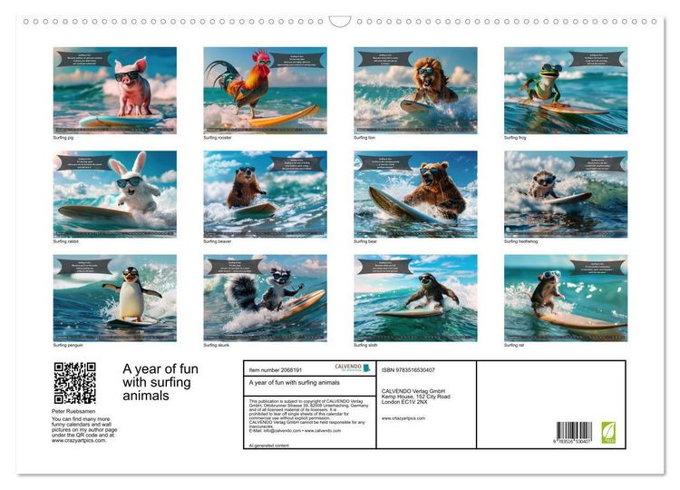 Produktbild: A year of fun with surfing animals (Wall Calendar 2026 DIN A2 landscape), CALVENDO 12 Month Wall Calendar
