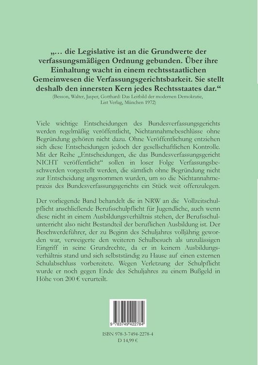 Produktbild: Verfassungsbeschwerde gegen Schulpflicht f&uuml;r Vollj&auml;hrige vom 8. Dezember 2015, 1 BvR 3157/15