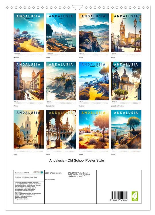 Produktbild: Andalusia - Old School Poster Style (Wall Calendar 2026 DIN A3 portrait), CALVENDO 12 Month Wall Calendar