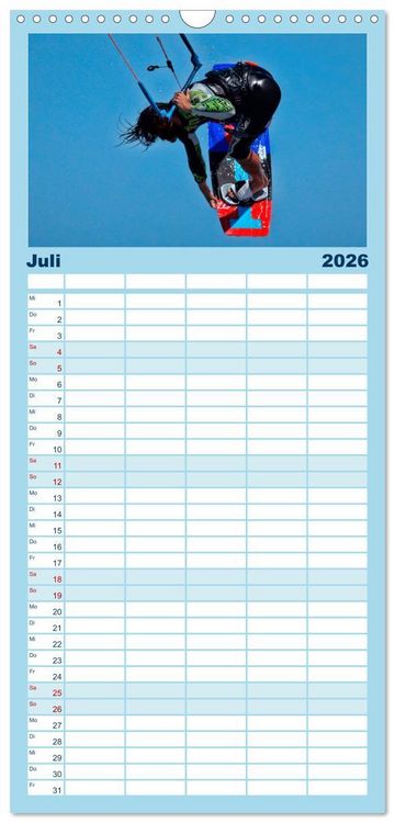 Produktbild: Familienplaner 2026 - Kitesurfen - &uuml;ber den Wellen mit 5 Spalten (Wandkalender, 21 x 45 cm) CALVENDO