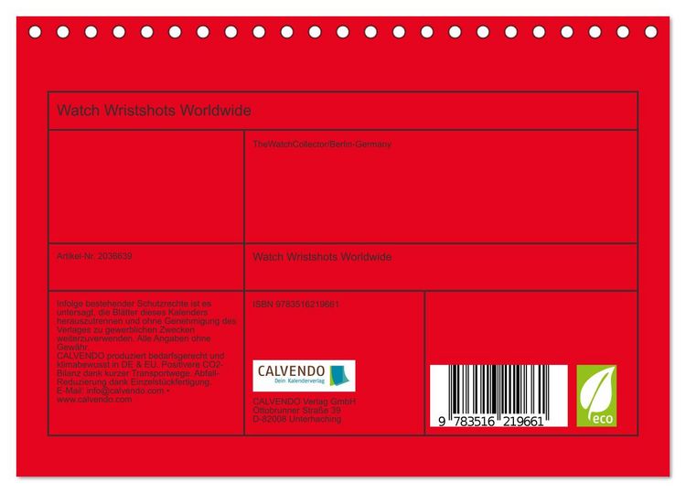 Produktbild: Watch Wristshots Worldwide (Tischkalender 2026 DIN A5 quer), CALVENDO Monatskalender