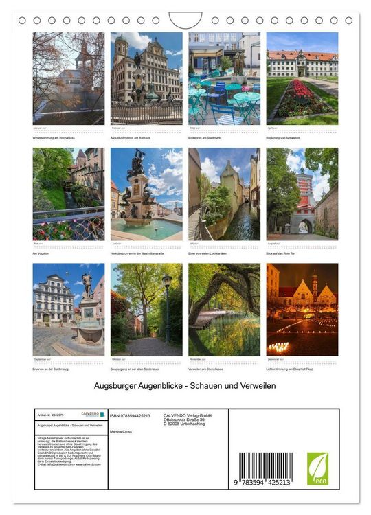 Produktbild: Augsburger Augenblicke - Schauen und Verweilen (Wandkalender 2027 DIN A4 hoch), CALVENDO Monatskalender