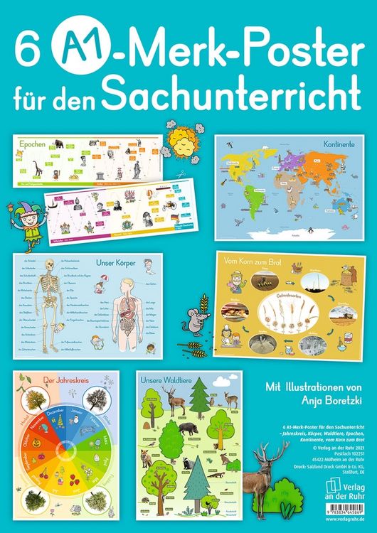 Produktbild: 6 A1-Merk-Poster f&uuml;r den Sachunterricht &ndash; Jahreskreis, K&ouml;rper, Waldtiere, Epochen, Kontinente, vom Korn zum Brot