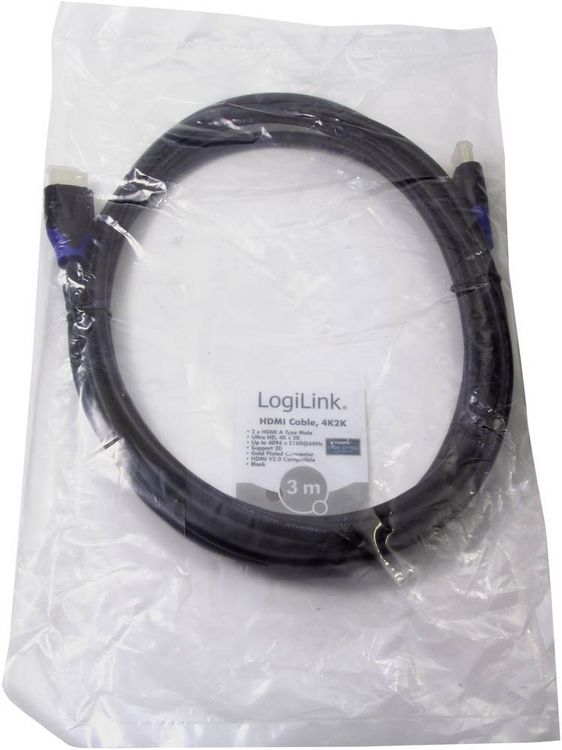 Produktbild: LogiLink HDMI Anschlusskabel HDMI-A Stecker, HDMI-A Stecker 3.00 m Schwarz CH0063 4K UHD, Audio Return Channel, vergoldete Steckkontakte HDMI-Kabel