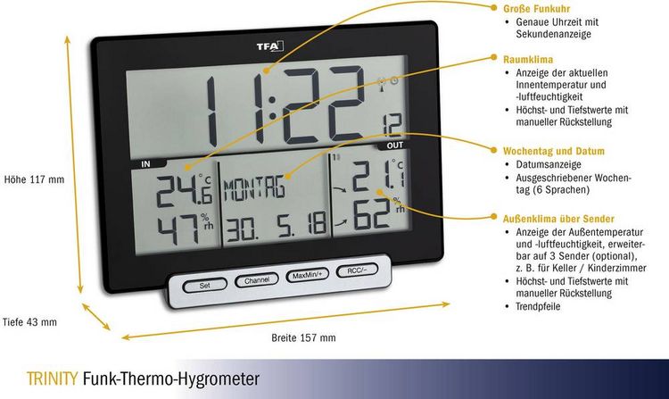 Produktbild: TFA Dostmann Trinity Funk-Thermo-/Hygrometer Schwarz 30.3058.01