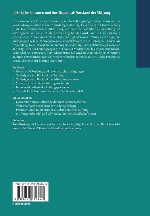 Produktbild: Juristische Personen und ihre Organe als Vorstand der Stiftung