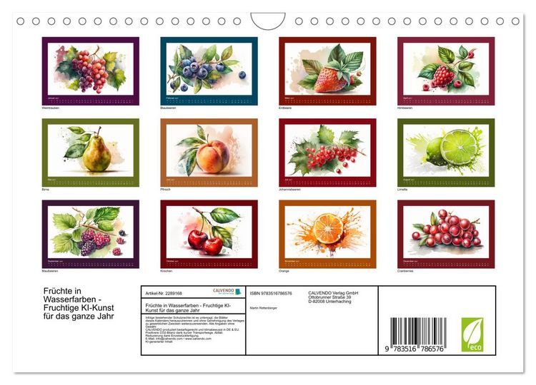Produktbild: Fr&uuml;chte in Wasserfarben - Fruchtige KI-Kunst f&uuml;r das ganze Jahr (Wandkalender 2027 DIN A4 quer), CALVENDO Monatskalender