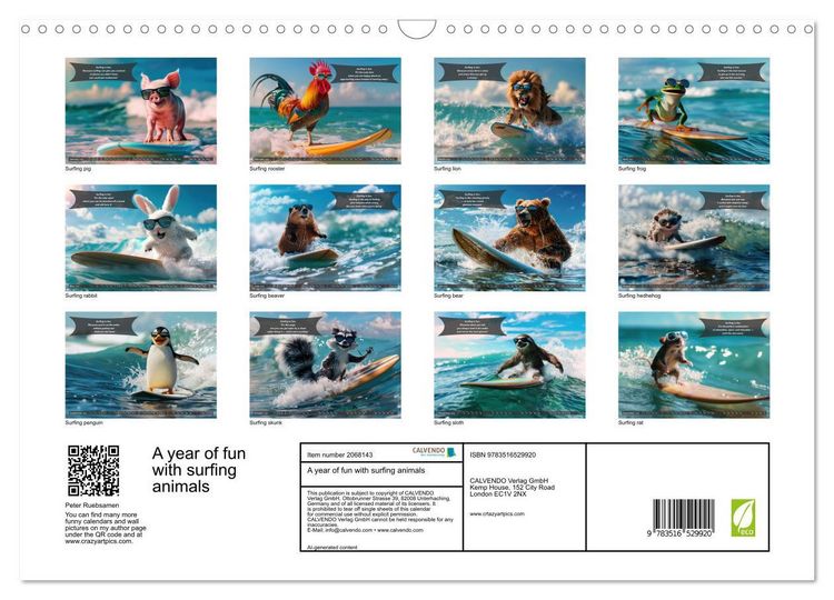 Produktbild: A year of fun with surfing animals (Wall Calendar 2026 DIN A3 landscape), CALVENDO 12 Month Wall Calendar