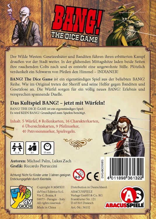 ABACUSSPIELE 36132 - Bang! The Dice Game - Gioco Di Carte E Dadi In Tedesco, Gioco Autonomo, Durata 15 Minuti, Per 3-8 Giocatori