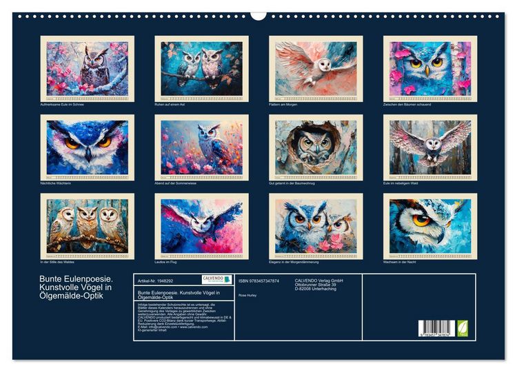 Produktbild: Bunte Eulenpoesie. Kunstvolle V&ouml;gel in &Ouml;lgem&auml;lde-Optik (Wandkalender 2026 DIN A2 quer), CALVENDO Monatskalender