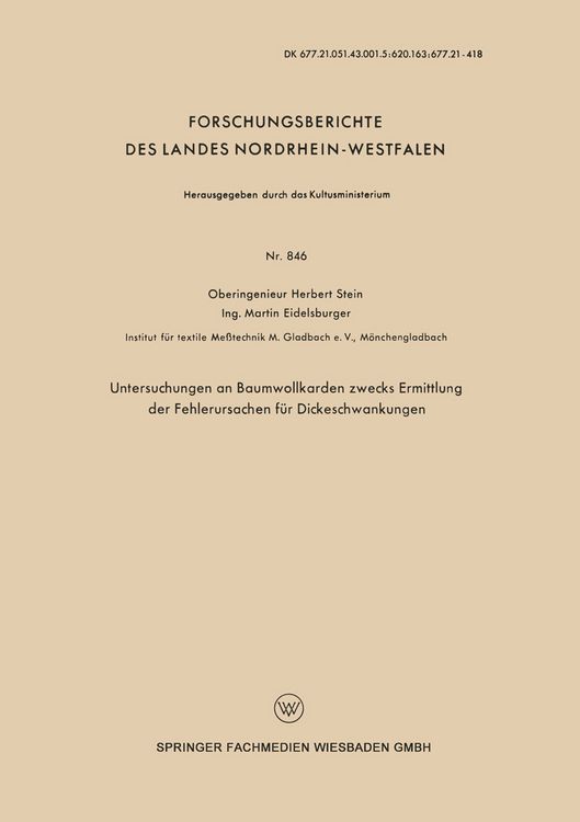 Produktbild: Untersuchungen an Baumwollkarden zwecks Ermittlung der Fehlerursachen f&uuml;r Dickeschwankungen