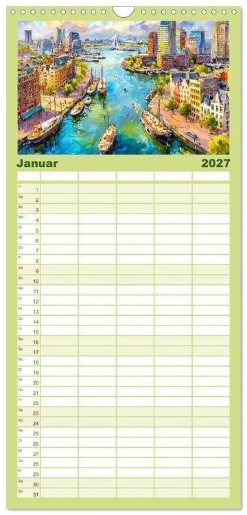 Produktbild: Familienplaner 2027 - Niederlande. Aquarelle zwischen Grachten und Tulpenfeldern mit 5 Spalten (Wandkalender, 21 x 45 cm) CALVENDO