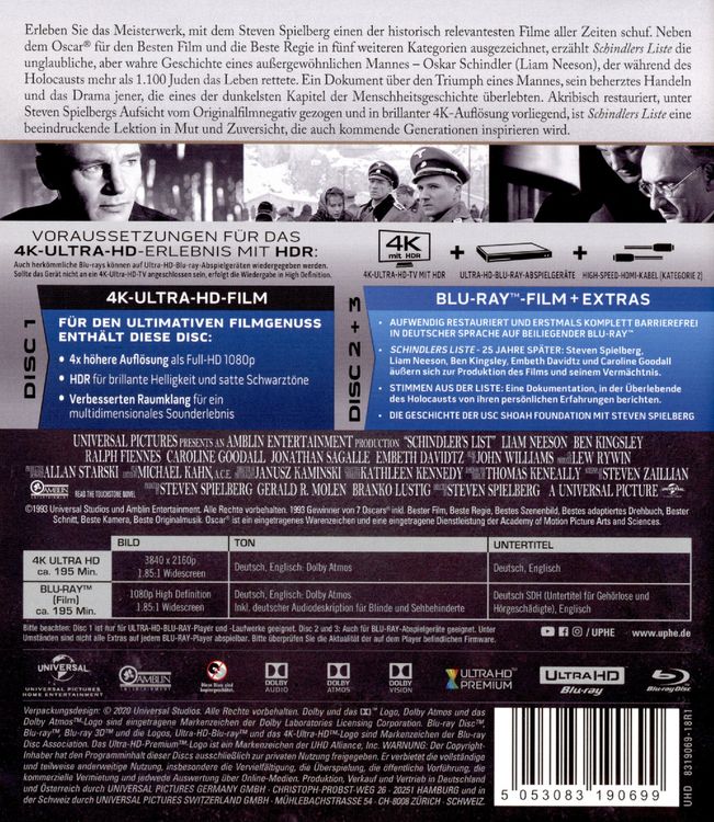 Produktbild: Schindlers Liste - Remastered (4K Ultra HD) (+ Blu-ray 2D) (+ Bonus-Blu-ray)