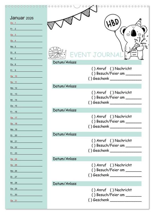 Produktbild: Geburtstagsplaner Doodle Tiere - F&uuml;r Termine, Geschenke, Eventdetails & mehr (hochwertiger Premium Wandkalender 2026 DIN A2 hoch), Kunstdruck in Hochglanz