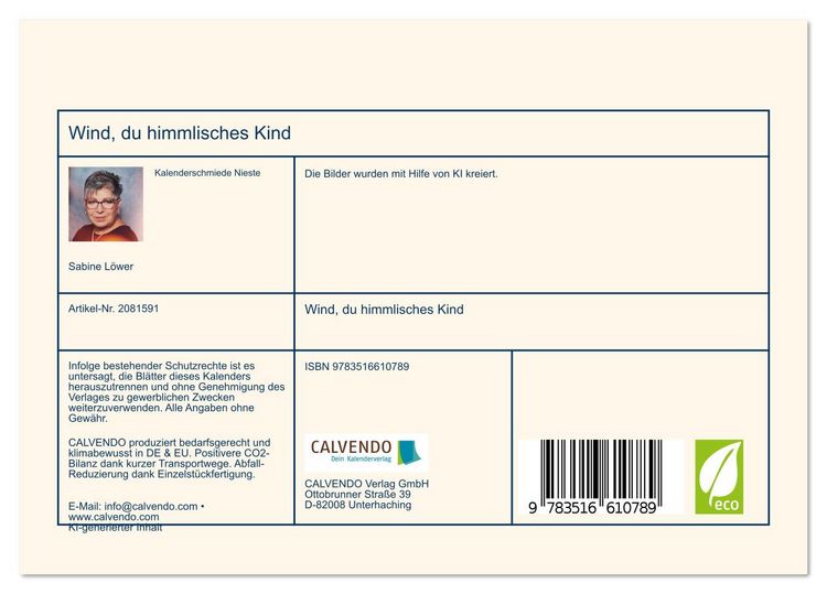 Produktbild: Wind, du himmlisches Kind (Tischkalender 2026 DIN A5 quer), CALVENDO Monatskalender