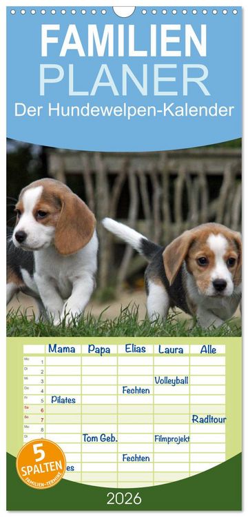 Produktbild: Familienplaner 2026 - Der Hundewelpen-Geburtstagskalender mit 5 Spalten (Wandkalender, 21 x 45 cm) CALVENDO