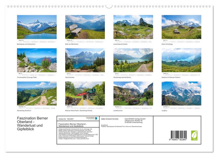Produktbild: Faszination Berner Oberland - Wanderlust und Gipfelblick (hochwertiger Premium Wandkalender 2026 DIN A2 quer), Kunstdruck in Hochglanz