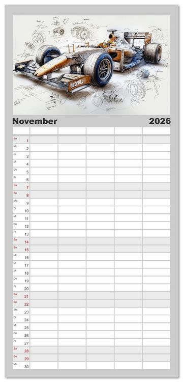 Produktbild: Familienplaner 2026 - Rennwagen - Design Studien mit 5 Spalten (Wandkalender, 21 x 45 cm) CALVENDO