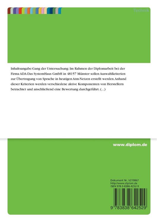 Produktbild: Kriterien f&uuml;r Auswahl und Bewertung markt&uuml;blicher, aktiver Komponenten zur &Uuml;bertragung von Sprache in ATM-Netzen