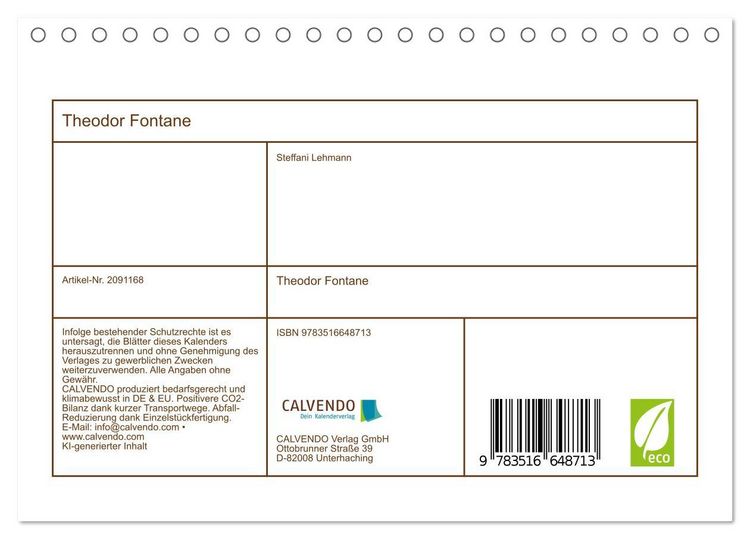 Produktbild: Theodor Fontane (Tischkalender 2026 DIN A5 quer), CALVENDO Monatskalender
