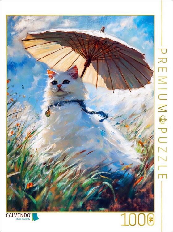 Produktbild: CALVENDO Puzzle Katze auf Wiese mit Sonnenschirm im impressionistischen Stil | 1000 Teile Lege-Gr&ouml;&szlig;e 64x48cm Foto-Puzzle f&uuml;r gl&uuml;ckliche Stunden