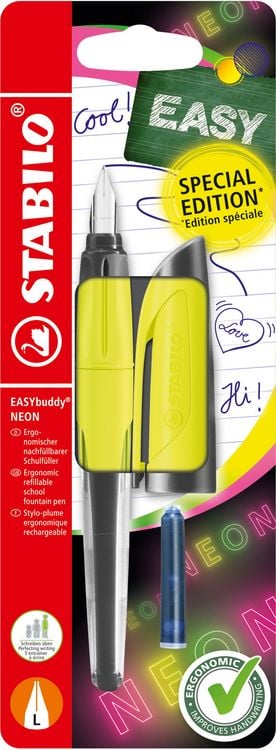 Produktbild: STABILO F&uuml;ller EASYbuddy NEON in neongelb, Schulf&uuml;ller mit Linksh&auml;nder-Feder L, blau (l&ouml;schbar) inkl. Patrone