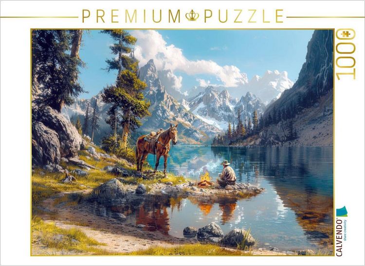 Produktbild: CALVENDO Puzzle Ein Abend mit einem Freund - Westernreiter am Lagerfeuer am See | 1000 Teile Lege-Gr&ouml;&szlig;e 64x48cm Foto-Puzzle f&uuml;r gl&uuml;ckliche Stunden