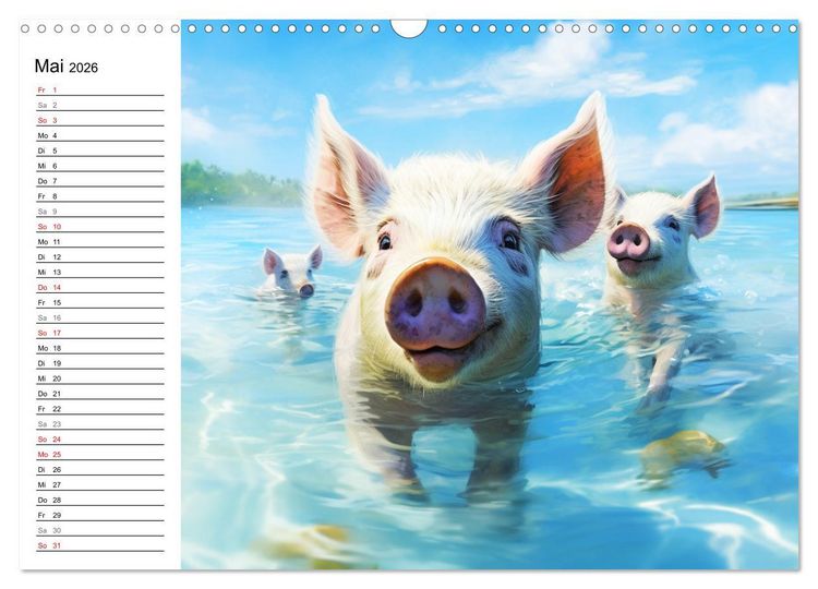 Produktbild: Schweinereien in der Karibik. Sonne und Spa&szlig; mit schwimmenden Schweinen (Wandkalender 2026 DIN A3 quer), CALVENDO Monatskalender