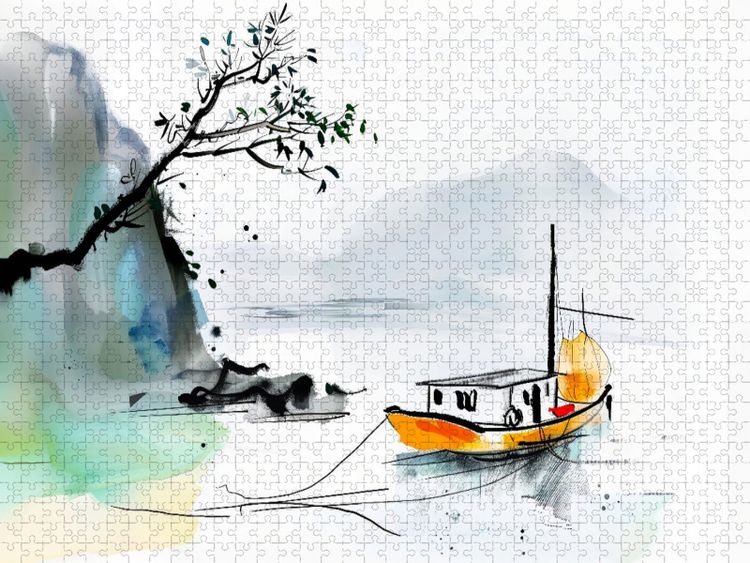 Produktbild: CALVENDO Puzzle Chinesische Dschunke am Ufer eines Sees. Tuschemalerei | 1000 Teile Lege-Gr&ouml;&szlig;e 64x48cm Foto-Puzzle f&uuml;r gl&uuml;ckliche Stunden