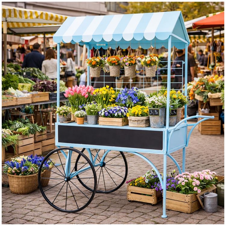 Produktbild: HTI-Living Blumenwagen Vintage Metall blau Dekowagen Buffetwagen auf R&auml;dern