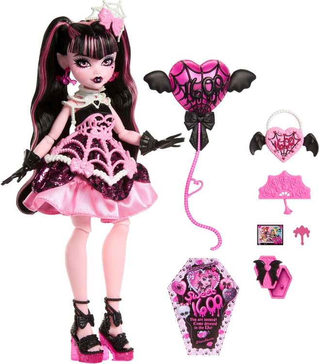 Produktbild: Monster High Scary Sweet Birthday Draculaura-Puppe im Partykleid mit Ballon und Geschenk