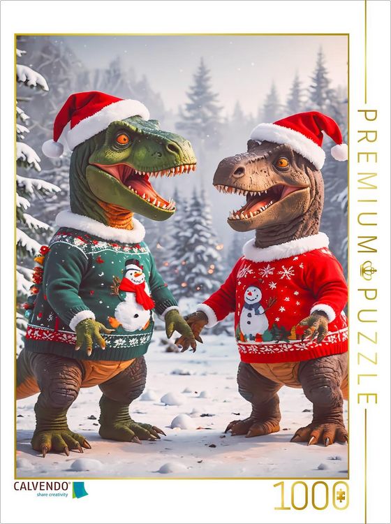 Produktbild: CALVENDO Puzzle Zwei Dinos haben Spa&szlig; im weihnachtlichen Schnee | 1000 Teile Lege-Gr&ouml;&szlig;e 64x48cm Foto-Puzzle f&uuml;r gl&uuml;ckliche Stunden