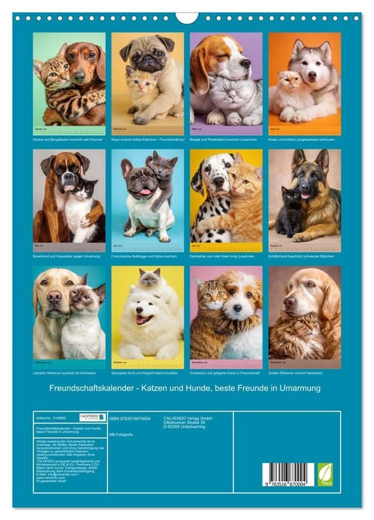 Produktbild: Freundschaftskalender - Katzen und Hunde, beste Freunde in Umarmung (Wandkalender 2026 DIN A3 hoch), CALVENDO Monatskalender