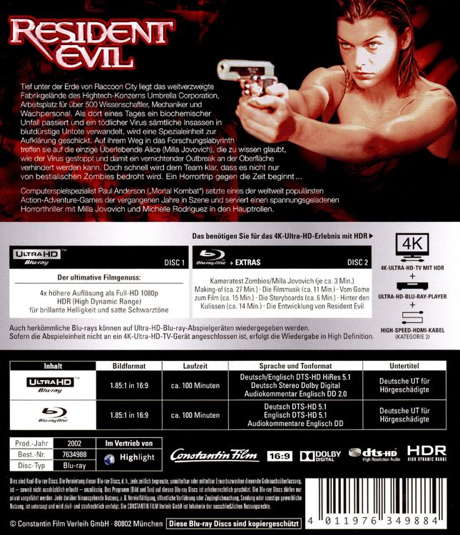 Produktbild: Resident Evil (4K Ultra HD) (+ Blu-ray 2D)