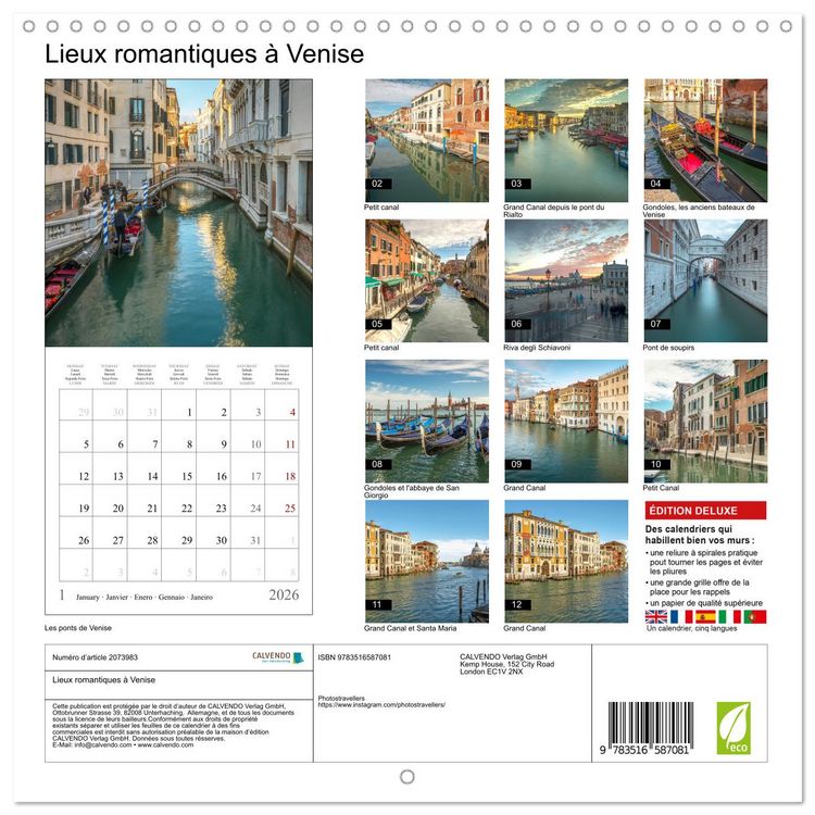 Produktbild: Lieux romantiques &agrave; Venise (Calendrier mural carr&eacute; 2026 30x30 cm) Calendrier double avec une page pour vos prises de notes
