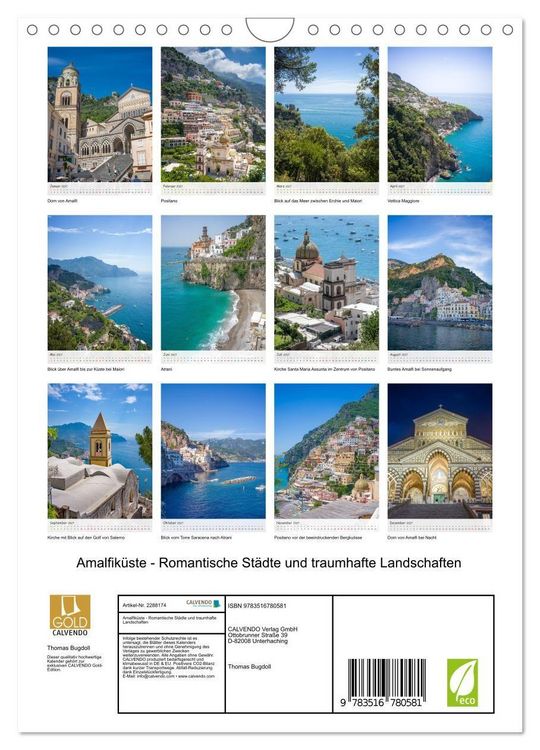 Produktbild: Amalfik&uuml;ste - Romantische St&auml;dte und traumhafte Landschaften (Wandkalender 2027 DIN A4 hoch), CALVENDO Monatskalender