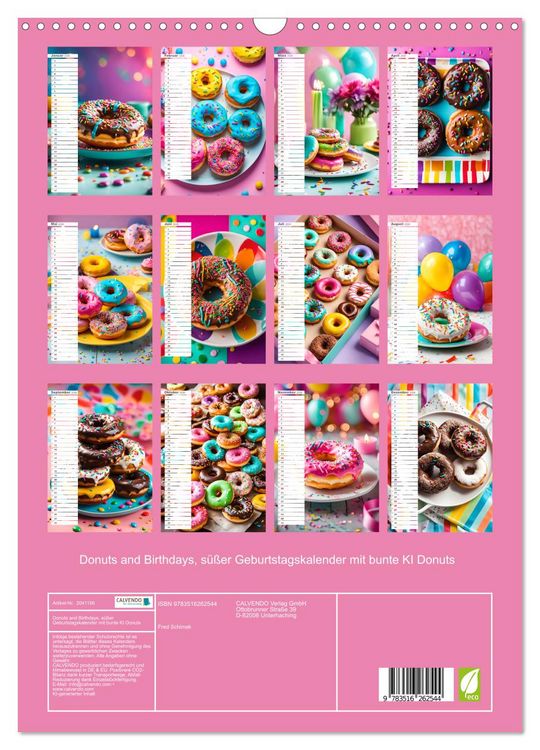 Produktbild: Donuts and Birthdays, s&uuml;&szlig;er Geburtstagskalender mit bunte KI Donuts (Wandkalender 2026 DIN A3 hoch), CALVENDO Monatskalender