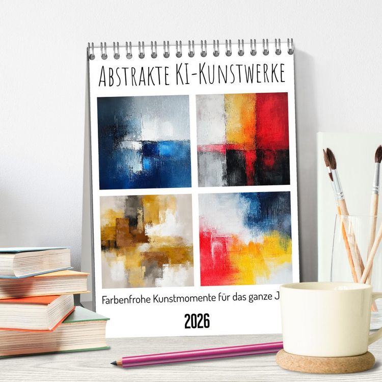 Produktbild: Abstrakte KI-Kunstwerke - Farbenfrohe Kunstmomente f&uuml;r das ganze Jahr (Tischkalender 2026 DIN A5 hoch), CALVENDO Monatskalender