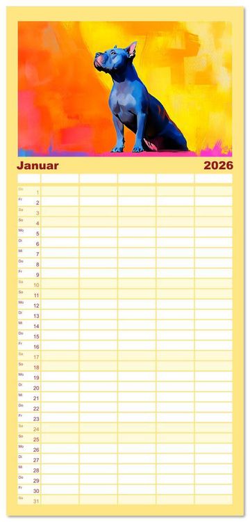 Produktbild: Familienplaner 2026 - Kraftvolle Partner. Hunde in k&uuml;nstlerischer &Ouml;loptik mit 5 Spalten (Wandkalender, 21 x 45 cm) CALVENDO