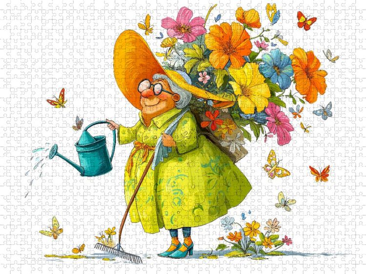 Produktbild: CALVENDO Puzzle Rentnerin mit Blumenstrau&szlig; und Gie&szlig;kanne | 1000 Teile Lege-Gr&ouml;&szlig;e 64x48cm Foto-Puzzle f&uuml;r gl&uuml;ckliche Stunden