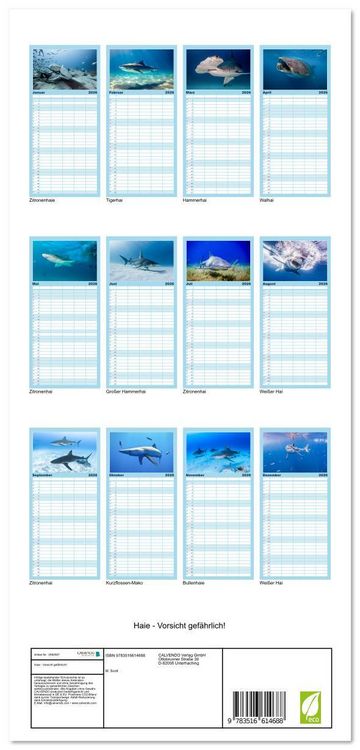 Produktbild: Familienplaner 2026 - Haie - Vorsicht gef&auml;hrlich! mit 5 Spalten (Wandkalender, 21 x 45 cm) CALVENDO