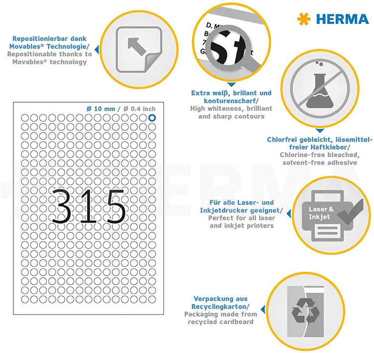Produktbild: Herma Etiketten A4 10mm rund 25 Blatt 7.875 St&uuml;ck