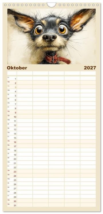 Produktbild: Familienplaner 2027 - Karikatur trifft Hund. Ein Blick auf charmante Vierbeiner mit 5 Spalten (Wandkalender, 21 x 45 cm) CALVENDO